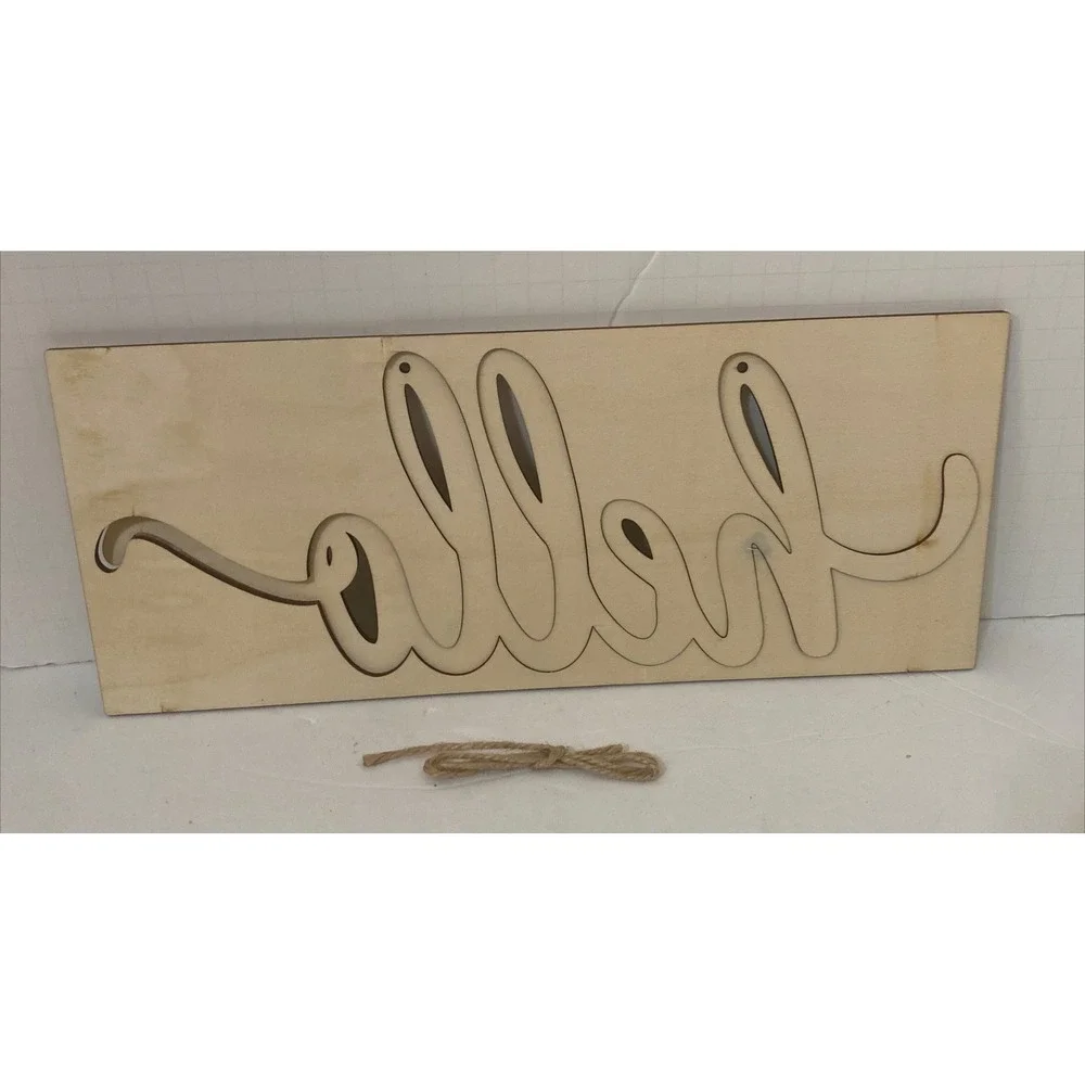 Vosarea Hello Wood Sign Wall Decoration Plaque Natural Unfinished 35x14cm